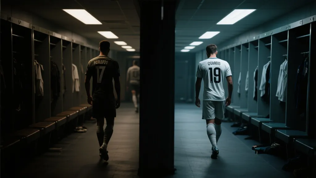 更衣室走廊与球员背影，赛前赛后情绪对比的电影感画面